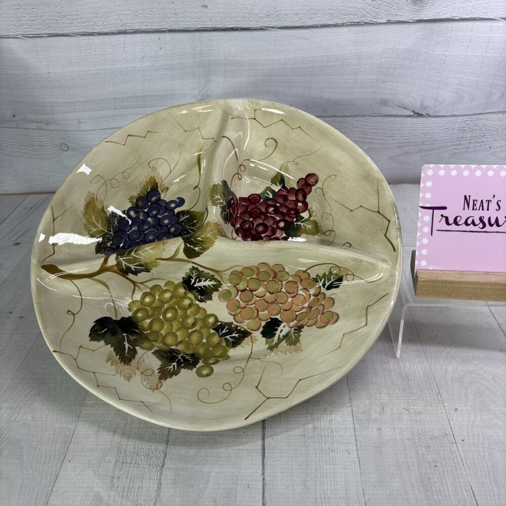 Tabletops CABERNET Grapes Smooth Large 14" Ceramic 3 Sectional Serving Dish Tray